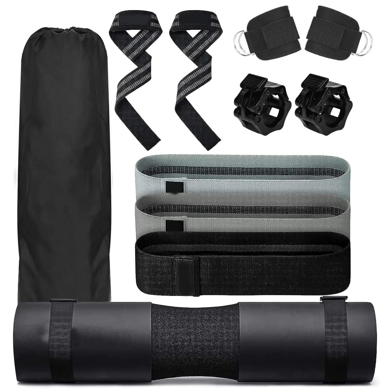 Pressure Athletics Gym Barbell 11-Piece Set Black Pad for Squat Hip Thrusts Lunges Leg Day Standard Olympic Bars with Safety Clips Hip Resistance Bands Ankle Straps Carry Bag (Black)